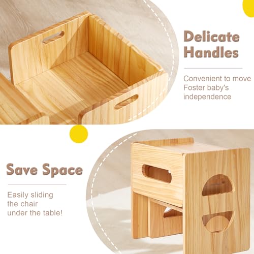 FUNLIO Höhenverstellbarer Montessori Tisch und Stuhl für Kinder 1-3 Jahre, Massivholz, Entwöhnung Baby Tisch für Essen/Spielen/Lesen, einfach zu montieren - Natur