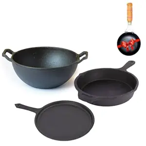 The Indus Valley Pre-Seasoned Cast Iron Cookware Set + Free Tadka Pan|Tawa(25.7Cm)+Kadai(25.4/3.2Lcm)+Fry Pan(25Cm/1.6L)|Kitchen Cooking Combo Pots And Pans Set Of 3Pc|Naturally Nonstick,Black