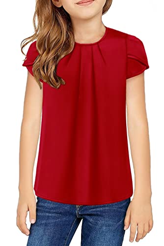 Yoklass Girls Short Sleeve Shirts Casual Round Neck Basic Pleated Tops Cap Sleeve Curved Keyhole Back Blouse Burgundy Xl #TOP1