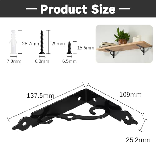 LALAGO Pack of 4 Shelf Brackets, Black Metal, 14 cm, Shelf Brackets, Vintage, Antique Style, S-Shaped Shelf Brackets, Heavy Duty Angle for Wall Shelf, Floating Shelf, Wall Console, Shelves - Image 4