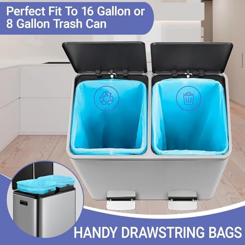Image of Dual Trash Can Bags for Dual Compartment Trash Can (2 x 8 Gallon /2 x 30 L) Pefect Fit Drawstring Kitchen Garbage Bags for Dual Trash Can White 50 Blue 50 (100 Count TOTAL)