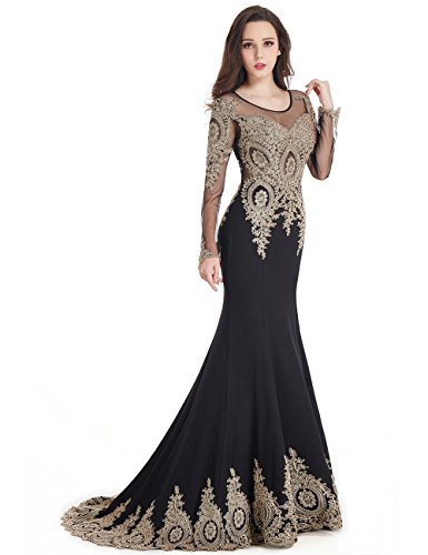 MisShow Women's Rhinestone Applique Long Sleeve Mermaid Evening Dress Plus Size,Black,16