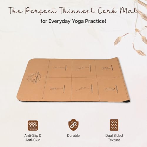 Image of Wiselife Cork Foldable Yoga Mat + Carry Bag | Extra Thick Extra Long Extra Wide Exercise Floor Mat For Gym, Workout, Fitness| TPE Yoga Mat (2mm, Cork Sun Salutation)