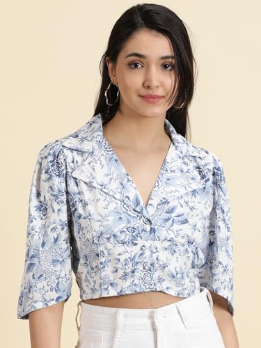 Image of SHOWOFFFF Women Printed Shirt Style Casual Top | Spread Collar 3 /4th Sleeves Crepe Top's for Womens | Regular Fit Crop Tops for Women's