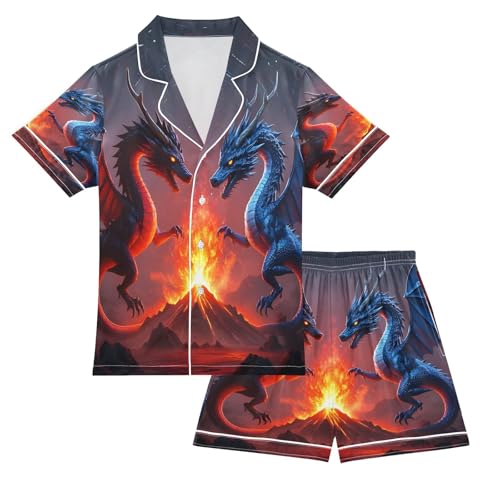 ALAZA Red Blue Dragon Satin Pajamas Set Short Sleeve Button Down Sleepwear Summer Pjs 2 Piece