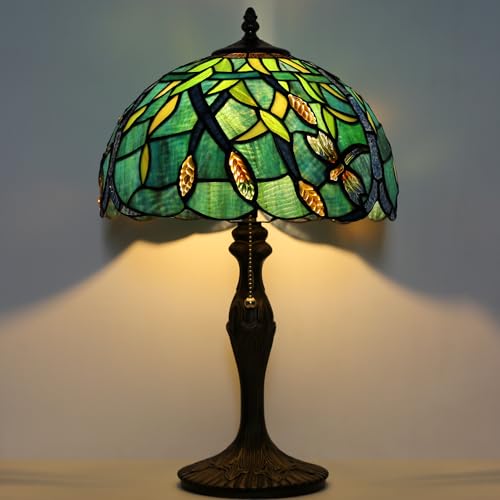 Image of Tiffany Table Lamp Stained Glass Reading Lamp Green Dragonfly Style
