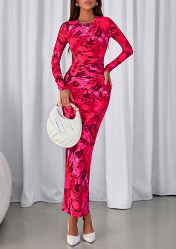 PRETTYGARDEN Fall Wedding Guest Dresses for Women 2025 Long Sleeve Ruched Sexy Bodycon Floral Mesh Cocktail Party Maxi Dress