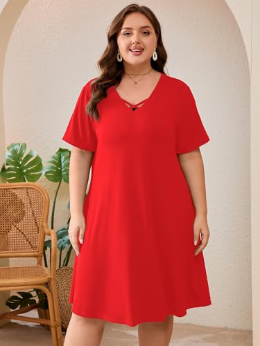Image of AusLook Plus Size Midi Dress for Women Short Sleeve V Neck Criss Cross A Line Summer Casual Vacation Sundresses with Pockets