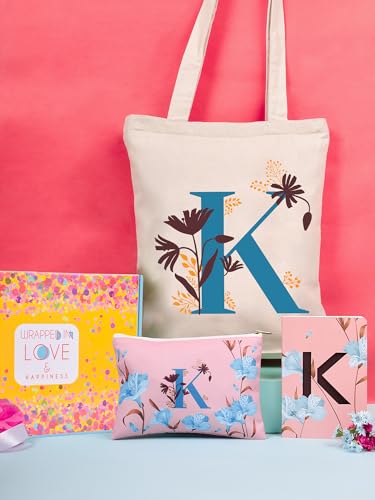 Image of DOODLE Monogram K Diary Gift Set - B6 Soft Bound Ruled Notebook with Tote Bag & Zipper Pouch - Premium Stationery Gift Set for Women & Girls | Perfect Personalised Gift Set for Women's Day