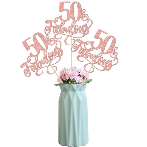 YCTHUNFISH 12 Pack 50th Birthday & Fabulous Rose Gold Table Centerpiece Sticks for Cheers to 50 Years Old Birthday Theme Party Supplies