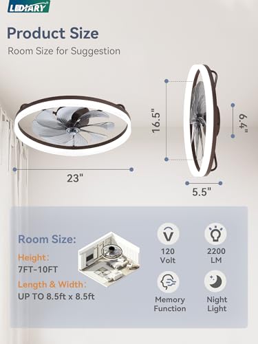 Image of LEDIARY Ceiling Fans with Lights, 23 inch Low Profile Flush Mount Ceiling Fan, Dimmable LED, APP & Remote Control, Quiet Reversible DC Motor, 6 Speeds, Fandelier for Bedroom, Brown