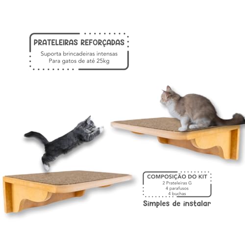 Prateleira para Gatos 2Pçs Tam G Resistente Já Montado Com Kit Fixação e Seguro (Carpete Marrom)