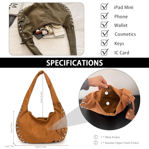 Suede Bags for Women Studded Purse Suede Handbag Y2K Fall Suede Purse Trendy Suede Shoulder Bag4