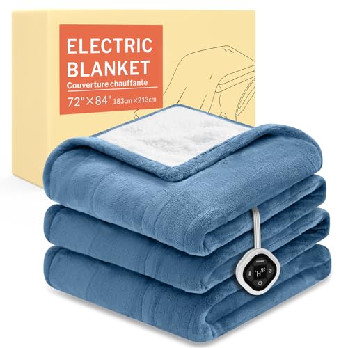 Image of HOMLYNS LuxeHeat Heated Blanket Electric Blanket Full Size, Soft Flannel Sherpa Heating Blanket with 10 Heat Settings, 1-10 hrs Timer Auto Shut Off (72x84 inches, Blue), Only for 120V Voltage Use