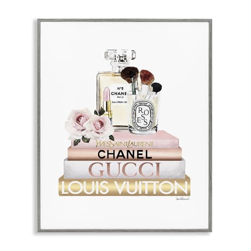 Image of Stupell Industries 'Glam Cosmetics on Fashion Books', Framed Giclee Art, Gray, 11 x 14 Inches, Easy to Hang and Sturdy, Made in USA, by Amanda Greenwood