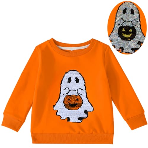 Noubeau Toddler Girls Halloween Sweatshirt Boys Sequin Ghost Ruffle Sleeve T-Shirt Pullover Tops Kids Fall Winter Clothes