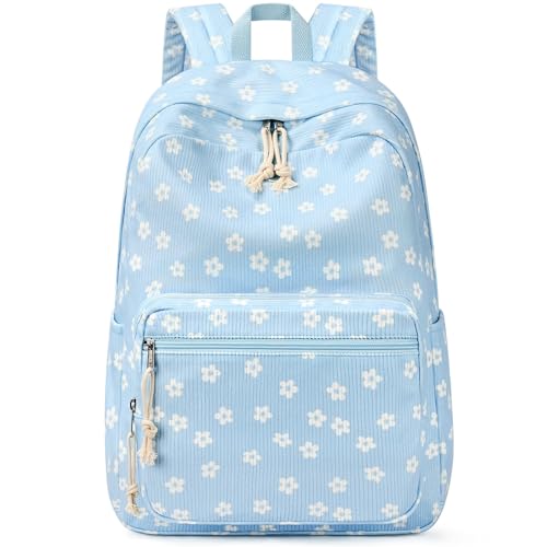 mibasies School Backpack for Girls with Laptop Sleeve: 18IN Large Capacity Corduroy Bookbag for Primary Middle School/College, Travel Daypack for Teens Women - Blue Flower