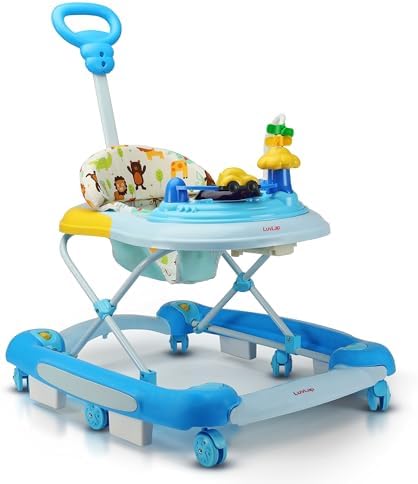 LuvLap Comfy 2-in-1 Baby Walker & Rocker with Parental Push Handle, Anti Fall, Anti Skid Mechanism, Height Adjustable with Light, Rattle & Musical Toys, Cushioned Walker for Baby 9 Months (Blue)