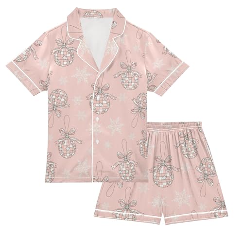 Satin Pajama Sets Short Sleeve Christmas Balls Snowflakes Button Down Silky Nightwear 2 Piece PJS 5-14Y