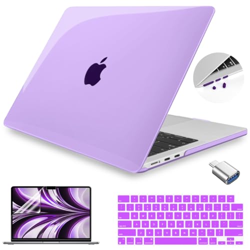 Teryeefi MacBook Air 13.6 Inch Case 2022-2025 Model: A2681/A3113/A3240 with M2 M3 M4 Chip, Hard Shell Cover with Keyboard Cover & USB 3.0 Adapter for MacBook Air 13 Touch ID, Crystal Purple