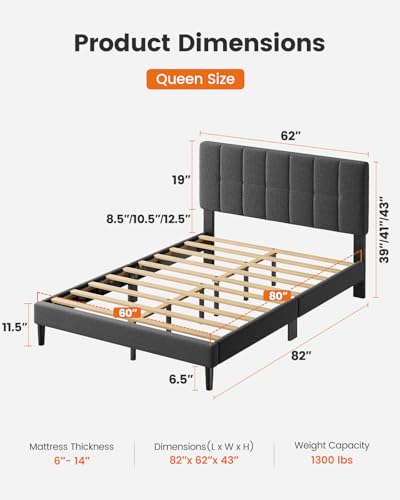 Pipishell Queen Bed Frame with 12 Thickened Legs&Fabric Upholstered Headboard,1300 lbs Strong Weight Capacity, Adjustable Headboard, No Box Spring Needed, Easy Assembly, Underbed Storage(Solid Wooden)