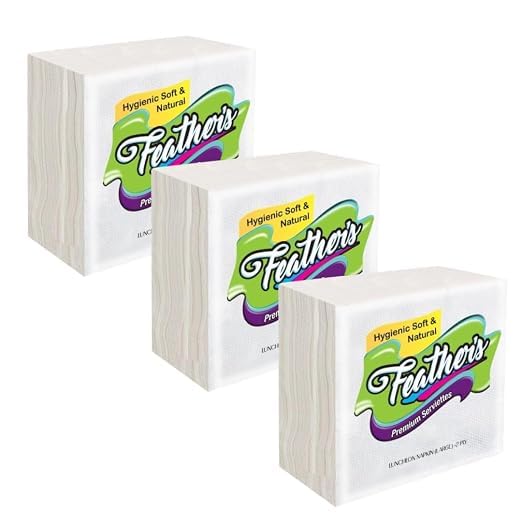 Image of Feather's Premium Tissue Paper Napkin | 2Ply, 50 pulls per pack, Pack of 3, 40 X 40 cm | Naturally White, Super Strong & Absorbent | Extra Soft Luncheon Paper Napkin | Best for Serving & Daily Use