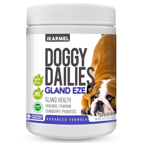 iKARMEL Doggy Dailies | Advanced Anal Gland Support Chews for Dogs | No Scoot Pet Supplements | Fibre Supplement With Pumpkin Powder for Dogs | Dog Digestion Tablets Formulated by Vets | 120