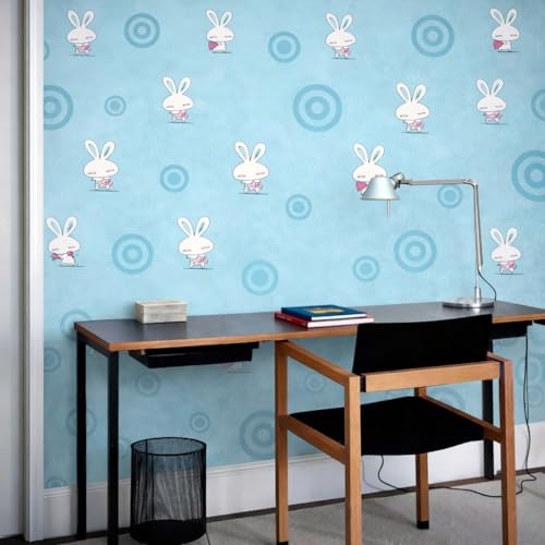 Image of Blue Rabbit & Heart Design Self Adhesive Wallpaper | Peel & Stick, Easy Clean, Removable | Kids Bedroom Wall Covering 16 x 96 Inch
