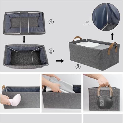 Image of HomeCloud Foldable Cloth Basket for Storage with Metal Frame and Handles, Clothes Organizer for Wardrobe, Clothing Storage Solutions (Grey, Set of 4)