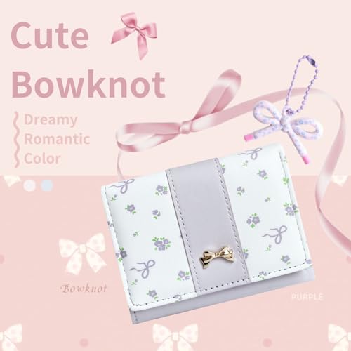 Image of Girls Wallet Cute Bow Coquette Floral Small Kawaii for Women Aesthetic ID Window for Ladies (Purple)