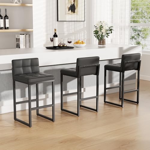 Image of Bar Stools Set of 3, Modern Counter Height Bar Stools with Back,24 inch Dark Grey