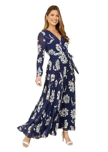 Image of Yumi Navy Floral Pleated Midi Wrap Long Sleeve Dress (UK, Numeric, 10, Regular, Regular, Navy)