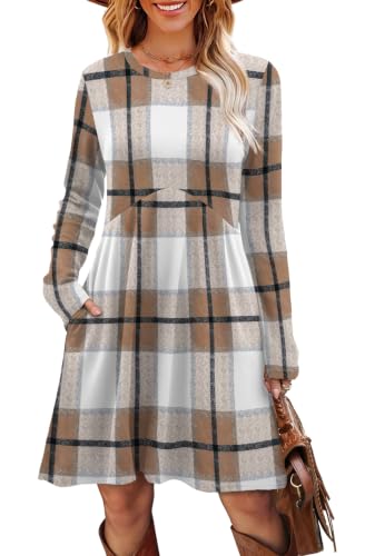 Image of OFEEFAN Long Sleeve Dress for Women Crew Neck Empire Waist Tunic Dress with Pockets