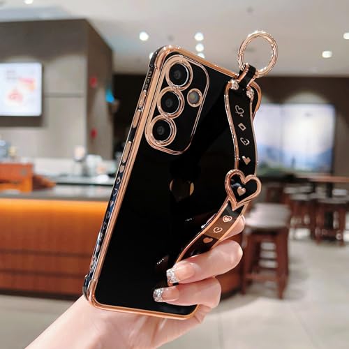 DEFBSC Case for Samsung Galaxy A55 5G with Wrist Strap, Cute Side Love Heart Plating Edge Phone Case with Heart Pattern Wristband Finger Holder Stand Soft TPU Back Cover Shockproof Case - Black - Image 6