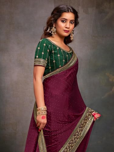 Image of AKHILAM Women's Pink Satin Silk Embroidered Saree with Unstitched Blouse Piece (SANCHI3001 SUM Parent)