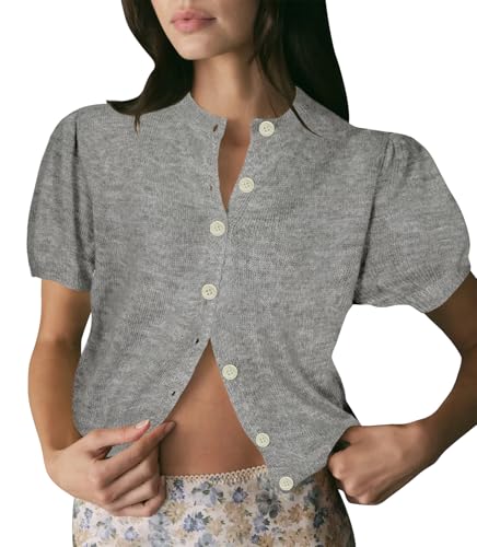 Image of Womens Puff Short Sleeve Cardigan Sweaters Cropped Button up Lightweight Y2k Knit Summer Cardigans