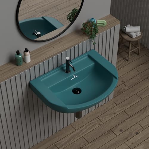 Image of REMOTION Ceramic Wall Hung Corner Wash Basin for Bathroom | Wall Mounted Corner Sink | Space-Saving, Durable & Stylish Design (18.5 x 14 x 7.5 Inch) (Green)