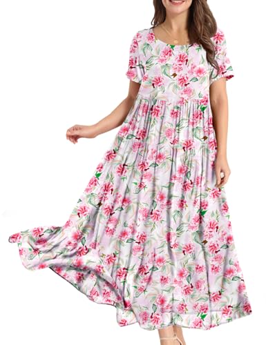 Image of YESNO Women Casual Loose Bohemian Floral Dress with Pockets Short Sleeve Long Maxi Summer Beach Swing Dress EJF