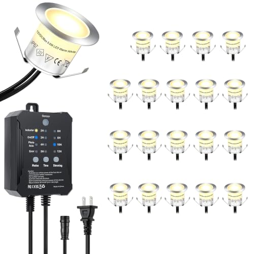 JUABREY Dimmable LED Deck Lights With Timer and Photocell Sensor 20 Pack Recessed Light Kits IP67 Waterproof Outdoor Smart Lighting for Garden Yard Patio Step Floor Decoration