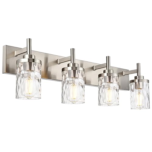 Image of Bathroom Vanity Lighting Fixtures 4 Lights,Brushed Nickel Bathroom Vanity Lights with Clear Hammered Shade Wall Sconce Lighting Modern Farmhouse Bath Lighting