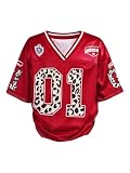 RoseSeek Girl's Leopard Bows Graphic Tees Oversized Football Jersey Mesh Color Block Short Sleeve T Shirt Red...