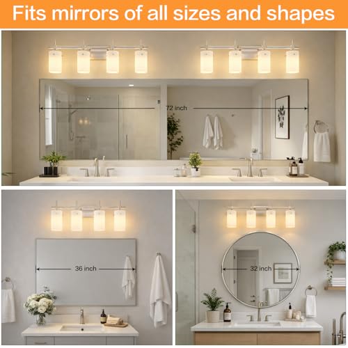 Image of SOLFART 4 Light Bathroom Vanity Lights Over Mirror, Vintage Bathroom Lighting Brushed Nickel Wall Sconce with Milky White Glass Shade