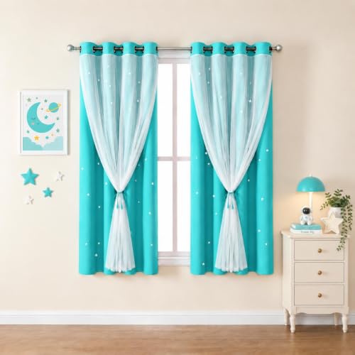 Kinryb Sky Blue Kids Star Cutout Curtains for Bedroom 70"W x 63"L 2 Panels