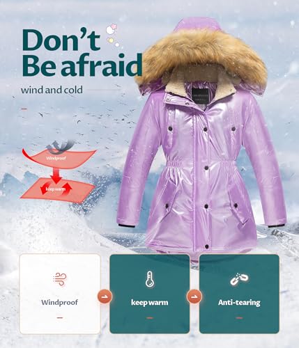 Image of CREATMO US Girl's Long Winter Warm Parka Sherpa Trimmed Collar Puffer Ski Jacket Coat