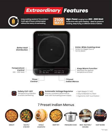 Image of Panasonic KY-A112AKFD -Induction Stove 2100 Watts | Automatic Voltage Regulator and Safety Cut Off | Up to 8 Hours Cooking Time |7 Indian Preset Menus | Wider Cooking Area |1 Year Warranty, Black