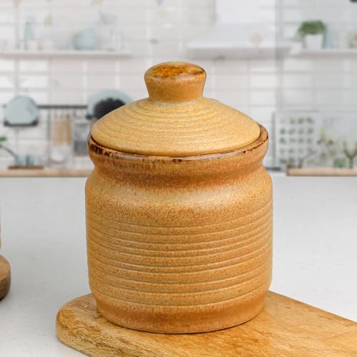 The Earth Store Brown 1000 ML Ceramic Pickle Jar Set of 1 | Barni Jar with Lid | Ceramic Jar Storage Container for Pickle/Achar, Sauces, Sugar (Color May Vary)
