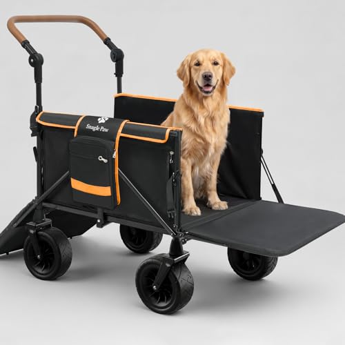 Snagle Paw Extra Large Dog Stroller for Large Dogs up to 100 lbs Foldable Pet Wagon with Anti-Slip Ramp Expandable Tailgate All-Terrain Wheels One-Step Brake & Adjustable Handle Orange