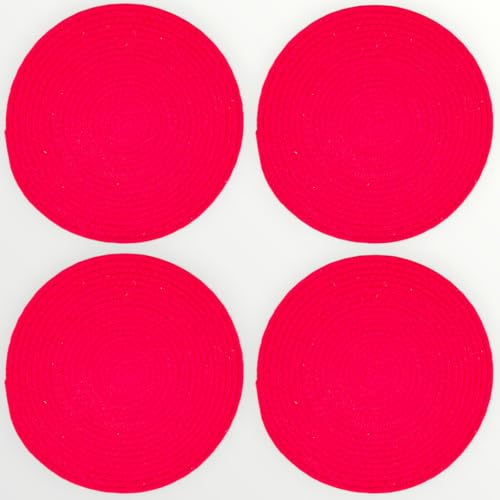 Image of Cotton Rope Placemats, Round Red with White Border, Set of 4, Heat Resistant Table Mats (red Plain)