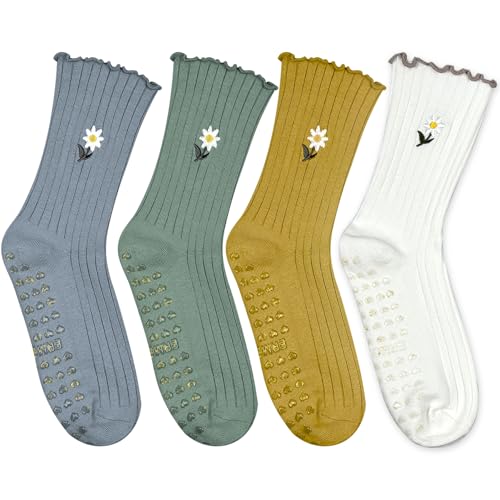 Image of 4 Pairs Cute Pilates Grip Socks for Women - Ruffle Top Non Slip Yoga Barre Crew Socks for Workout, Dance, Hospital