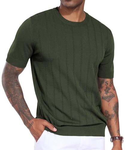 KESIHAN Men's Knit Short Sleeve Shirt Ribbed Round Neck Hollow Out Solid Knitted Shirts Summer Casual Top Tee Army Green